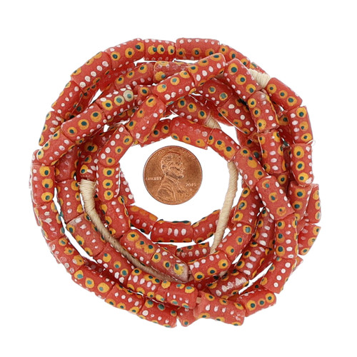 29 Inch Strand 6.8-7.7mm African Glass Krobo Trade Beads- Dotted Red