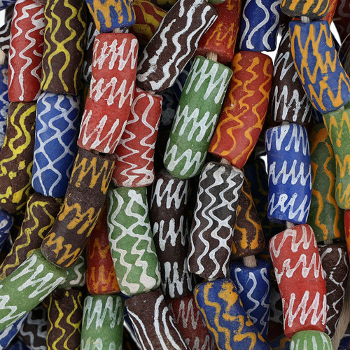 Multicolored African Recycled Glass Beads With Zigzags
