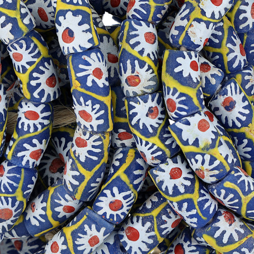 11-12mm Blue African Glass Krobo Beads With Flower Pattern
