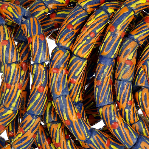 Blue African Recycled Glass Beads With Colorful Patterns