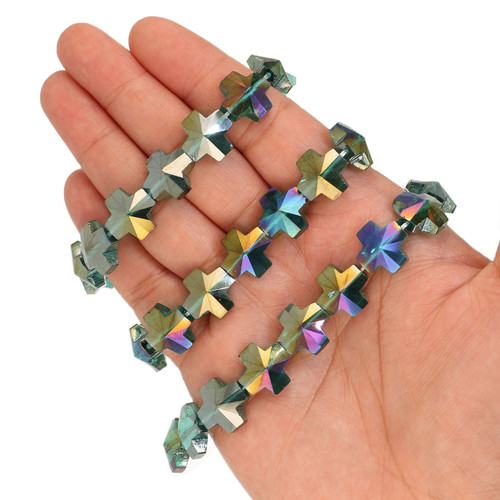 14 mm Equal Cross Shape Glass Beads - Peacock