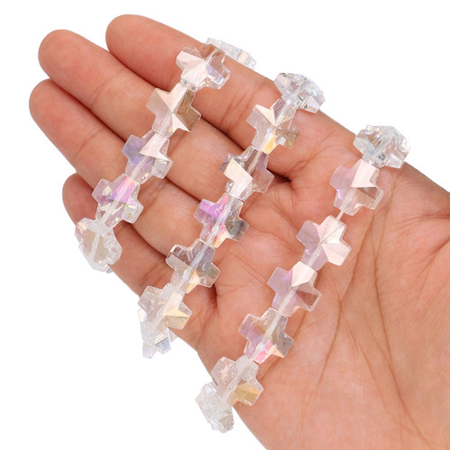 14 mm Equal Cross Shape Glass Beads - Transparent Rainbow