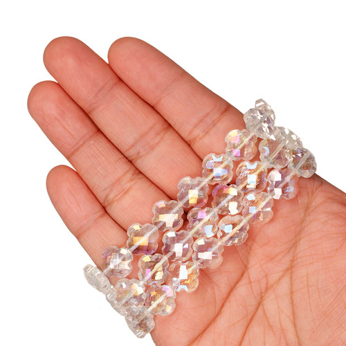 Quadrifoil Shape Faceted Glass Beads - Transparent Iridescent