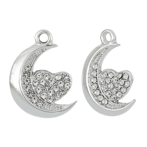 Silver Plated CZ Heart On Moon Charm