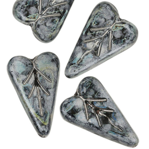 Heart Shape Leaf Pressed Czech Glass Beads - Pewter & Black Heart Shape Leaf Pressed Czech Glass Beads - Pewter & Black