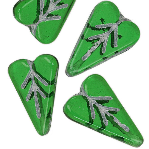 Heart Shape Leaf Pressed Czech Glass Beads - Clear Green w/ Silver Wash Heart Shape Leaf Pressed Czech Glass Beads - Clear Green w/ Silver Wash