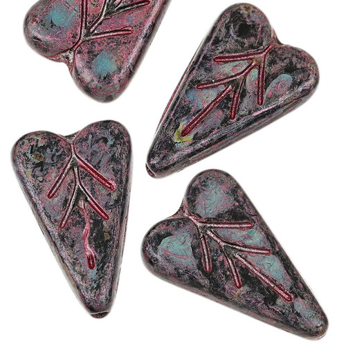 Heart Shape Leaf Pressed Czech Glass Beads - Lavender & Black Heart Shape Leaf Pressed Czech Glass Beads - Lavender & Black
