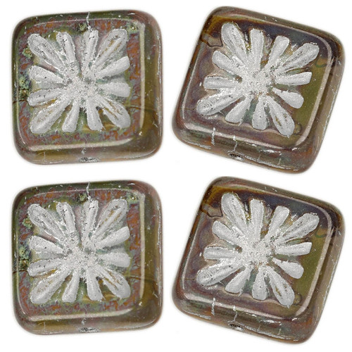 Starburst Square Czech Glass Beads - Gray Brown w/ Silver Wash