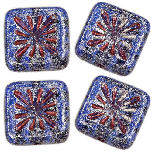 Starburst Square Czech Glass Beads - Transparent Blue & Silver w/ Copper Wash