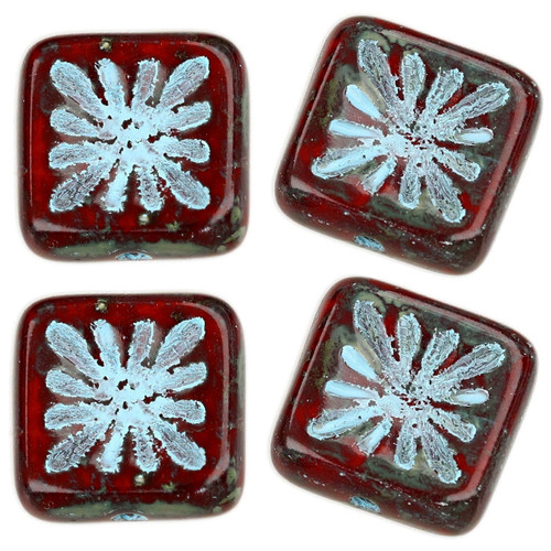 Starburst Square Czech Glass Beads - Dark Cherry Red w/ Blue Gray Wash