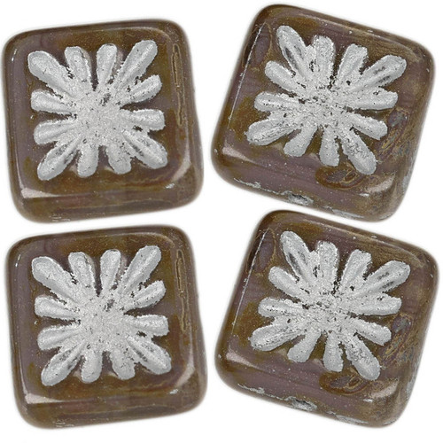 Starburst Square Czech Glass Beads - Taupe w/ Silver Wash