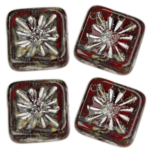 Starburst Square Czech Glass Beads - Dark Cherry Red w/ Silver Wash