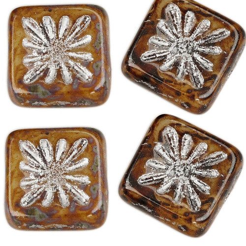 Starburst Square Czech Glass Beads - Brown w/ Silver Wash