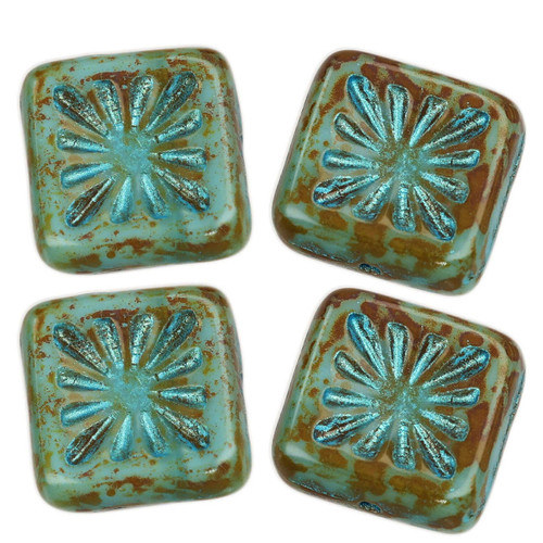 Starburst Square Czech Glass Beads 10x10mm 13 Pcs - Turquoise & Brown