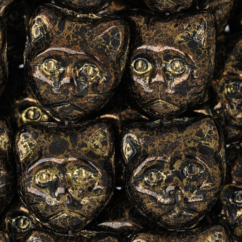 Cat Head Czech Glass Beads - Black & Gold