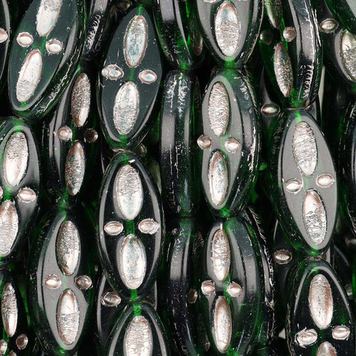 Oval Flower Pressed Czech Glass Beads 10x20mm 6 pcs - Clear Pine Green w/ Silver