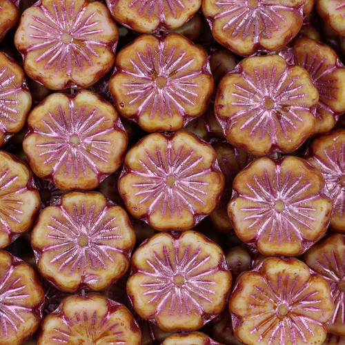 5-Petal Hibiscus Flower Czech Glass Beads 14mm 9 Pcs - Beige w/ Metallic Pink Wash