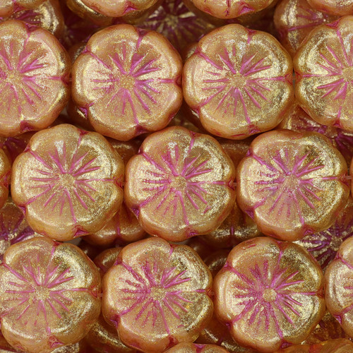 5-Petal Hibiscus Flower Czech Glass Beads 14mm 9 Pcs - Transparent Yellow w/ Pink Wash