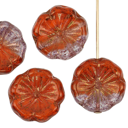 5-Petal Hibiscus Flower Czech Glass Beads 14mm 9 Pcs-Translucent Orange Spice w/Gold Wash