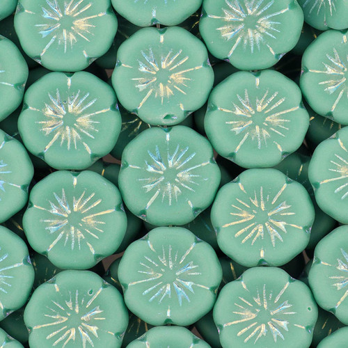 5-Petal Hibiscus Flower Czech Glass Beads 14mm 9 Pcs- Matte Aquamarine w/ Iridescent  Wash