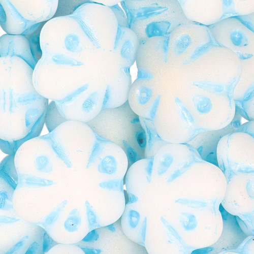 Folklore Flower Czech Glass Beads 11mm 11 Pcs - White w/ Baby Blue  Accent