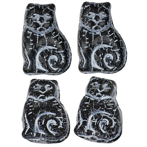 Cat Pressed Czech Glass Beads 8 Pcs 17x11mm - Black w/ White Wash