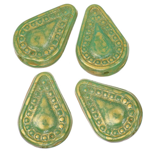 Filigree Teardrop Czech Glass Beads 14x10mm 8 Pcs - Green with Gold Wash
