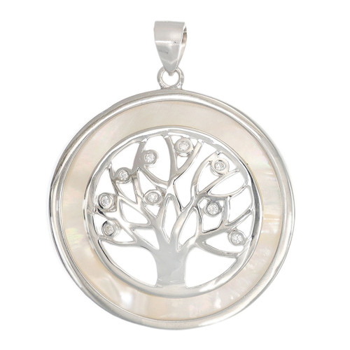 Stunning Sterling Silver Tree of Life Pendant with AAA Cubic Zirconia with Mother of Pearl Border