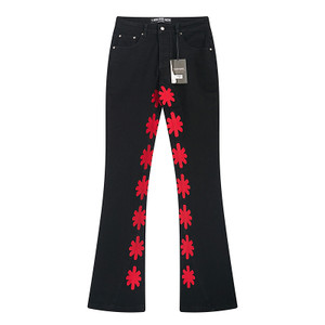 Black Flared Jeans with Red Cross Appliqué