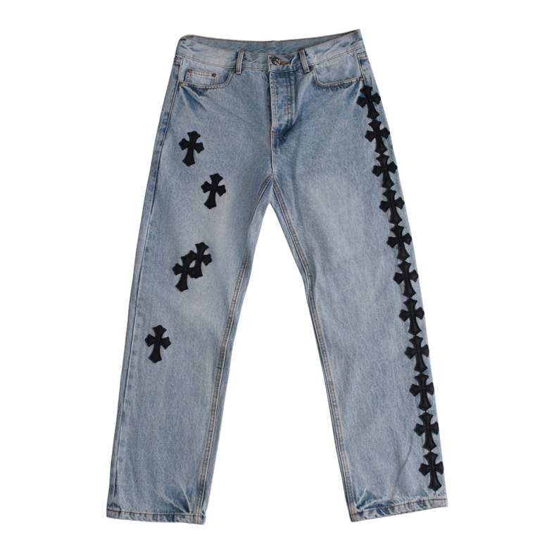 Chrome Hearts Multi Cross Patch Denim Light Wash Black