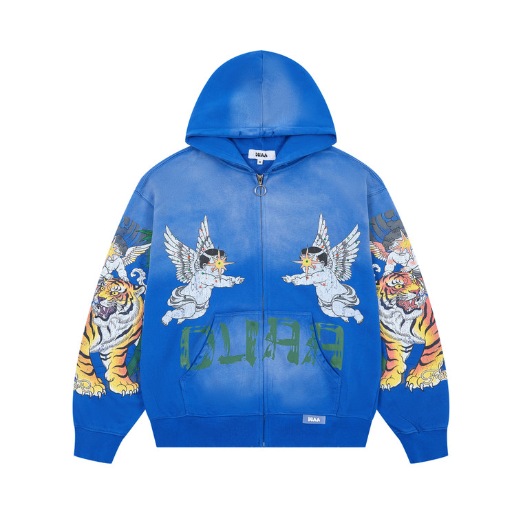 DUAA Blue Tiger Embroidered Zip Hoodie