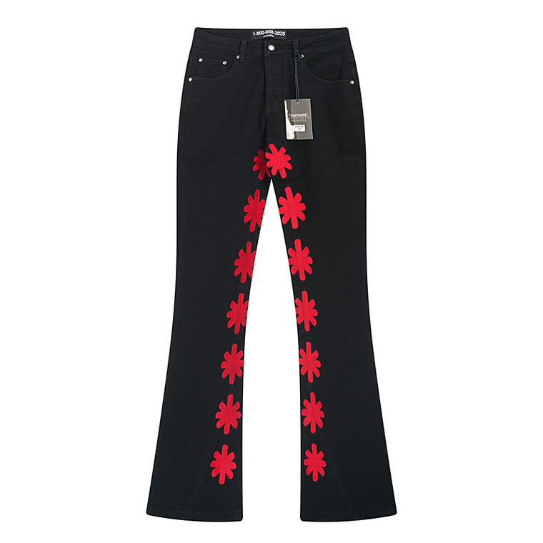 Black Flared Jeans with Red Cross Appliqué