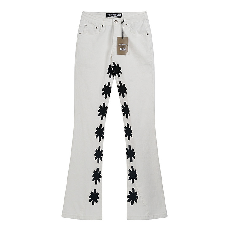 White Flared Jeans with Black Cross Appliqué