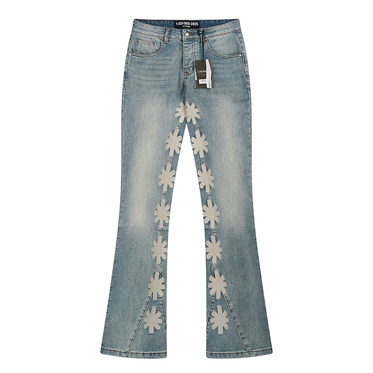Light Wash Flared Jeans with White Cross Appliqué