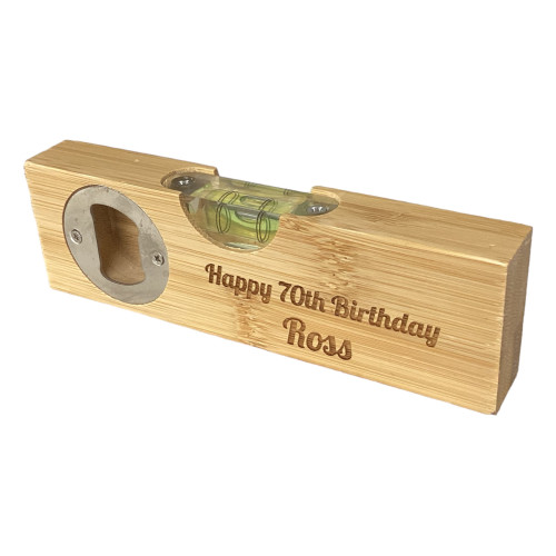 personalised bamboo bottle opener spirit level