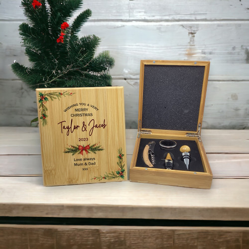 Personalised Festive Christmas FSC Wooden Wine Tools Gift Set