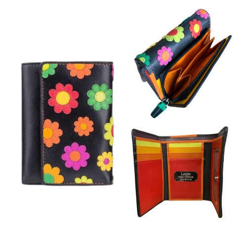 Personalised RFID Visconti Applique Floral Leather Purse – Black with Multicoloured Floral Design
