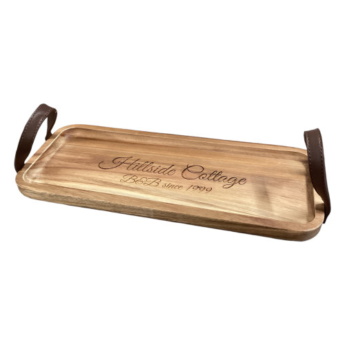 Personalised acacia wood serving tray with leather handles.