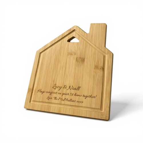 Personalised house shaped bamboo chopping board - housewarming gift