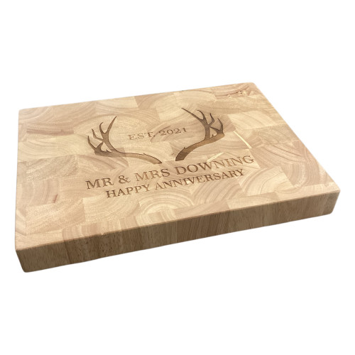 Personalised end grain chopping board with antlers design engraving – sustainable hevea wood