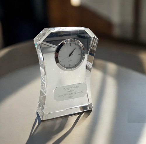 personalised custom engraved glass optic crystal shield shape quartz mantle piece desk clock birthday retirement trophy awards presentation newhome housewarming gift
