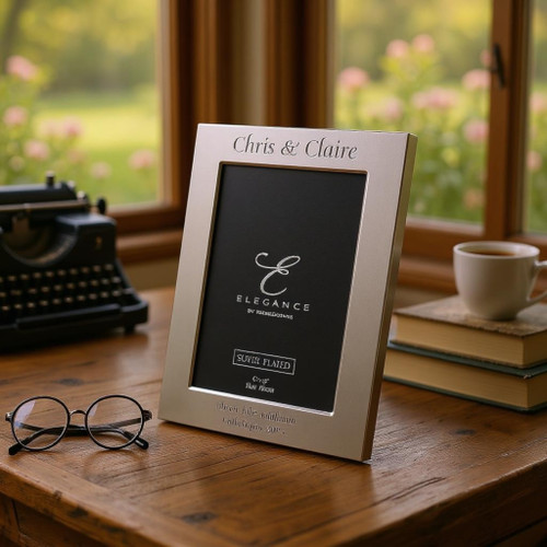 A  4" x 6" soilverplated shiny picture frame. Customised text at top and bottom of the frame. Free standing on a desk.