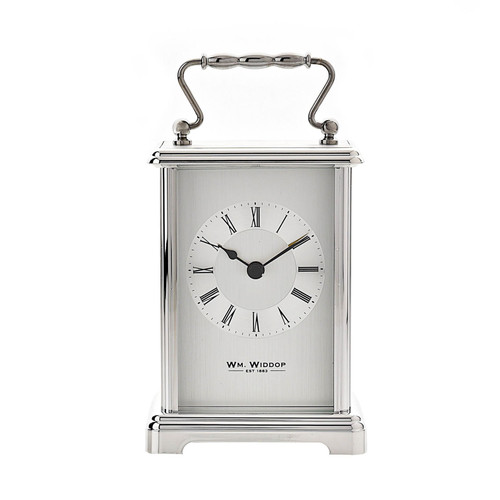 A silver plated carriage clock with easy to read roman numerials. Customised engraved message plate on top. Easy comfortable grip handle