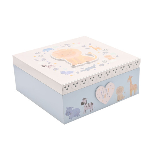 A safari themed baby boy square keepsake box. Lid decorated with 3 d lion and printed safari animals. 3D heart with printed baby boy wording Made from MDF