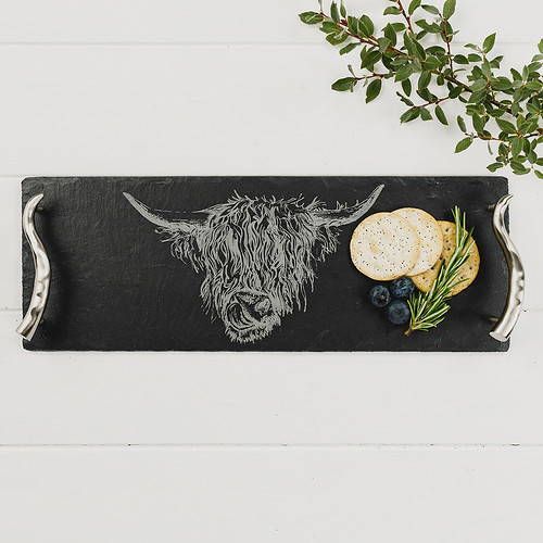 Rustic cheese board with Highland cow engraving