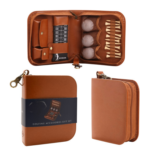 Personalised golfing accessories gift set in tan leather case