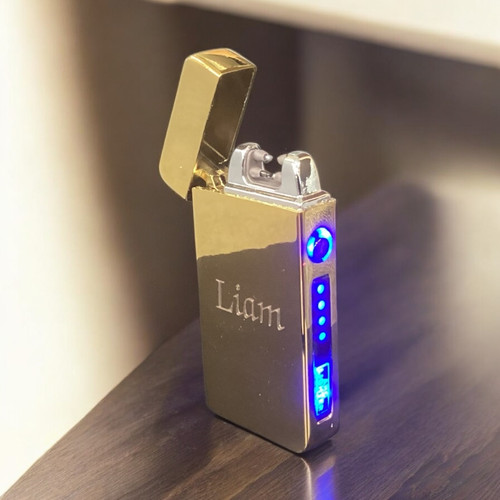 Personalised gold  slim arc USB rechargeable lighter with polished finish