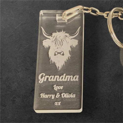 Personalised acrylic highland cow keyring