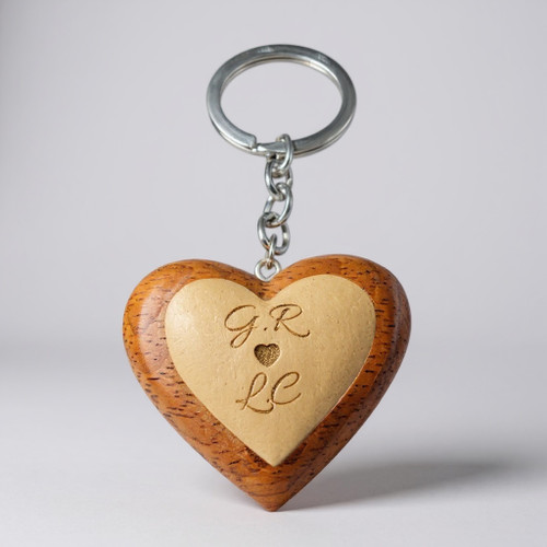 Personalised heart wood keyring engraved with names