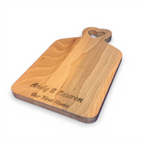 Personalised beech chopping board with heart cut out handle - couples gift